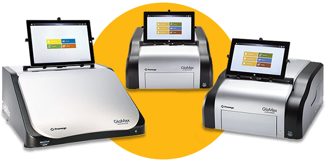 Three GloMax plate readers and luminometers with touchscreen displays, compatible with cell health assays for multimode detection including luminescence, fluorescence, absorbance, BRET and FRET