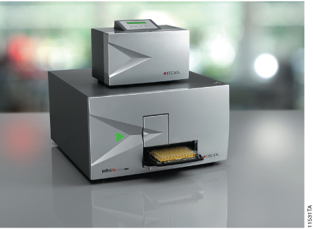Photograph of the Infinite® M200 PRO microplate reader equipped with a Gas Control Module for controlled-atmosphere measurements.