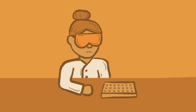 A scientist in orange goggles slams the countertop, causing a multiwell plate to jump